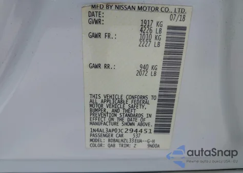 2018 Nissan Altima 2.5 Sr z USA, uszkodzony, nr VIN 1N4AL3AP0JC294451